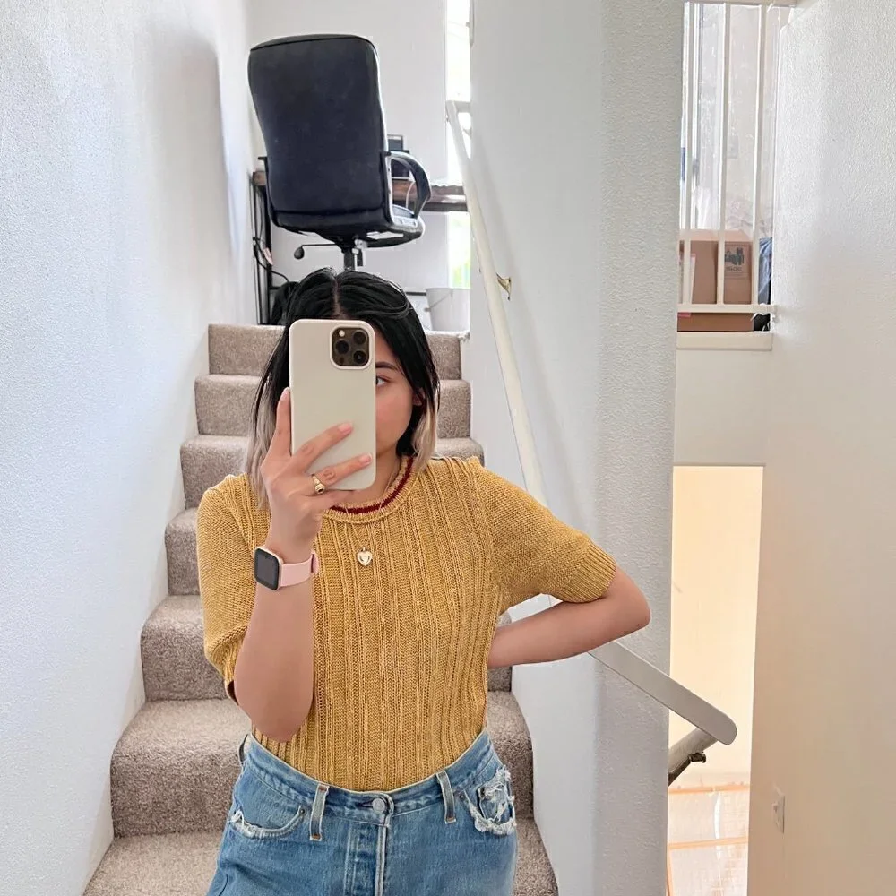 Tory Burch Yellow Linen Knit Short Sleeve Sweater Tee S‌‌‌‌‌